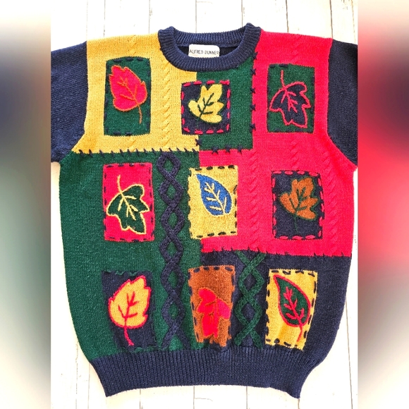 Vintage Alfred Dunner Blue Red Green Patchwork Longsleeve Fall Sweater Leaves - Picture 2 of 10